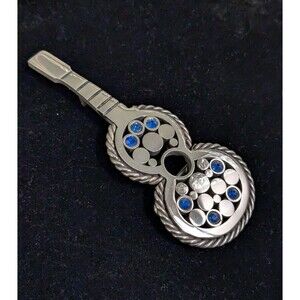 Steel Guitar Belt Buckle Vtg 70s Blue Rhinestones Polished Stainless Retro Weld